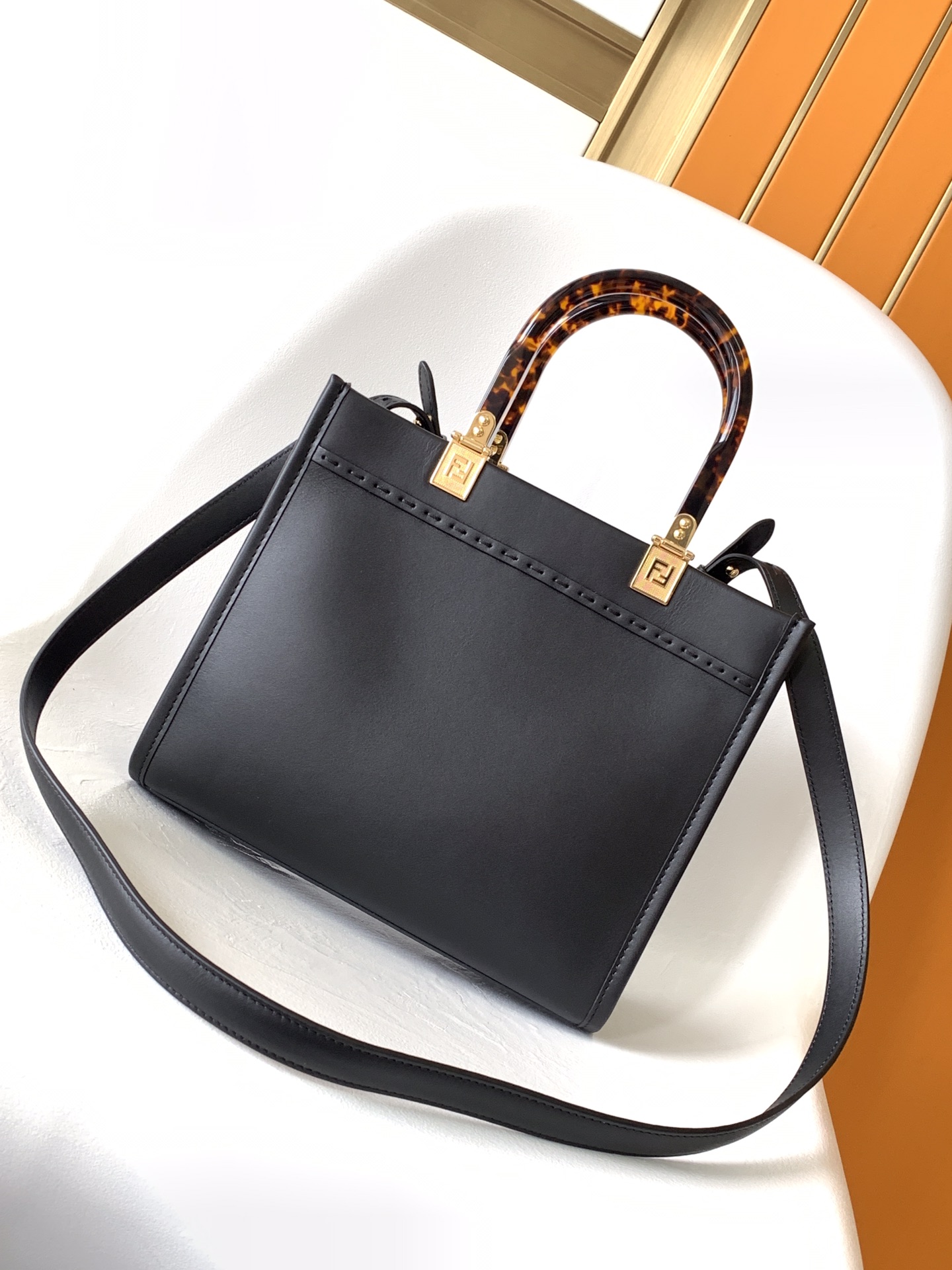 Fendi Small Sunshine Shopper Black Calfskin Leather Bag 